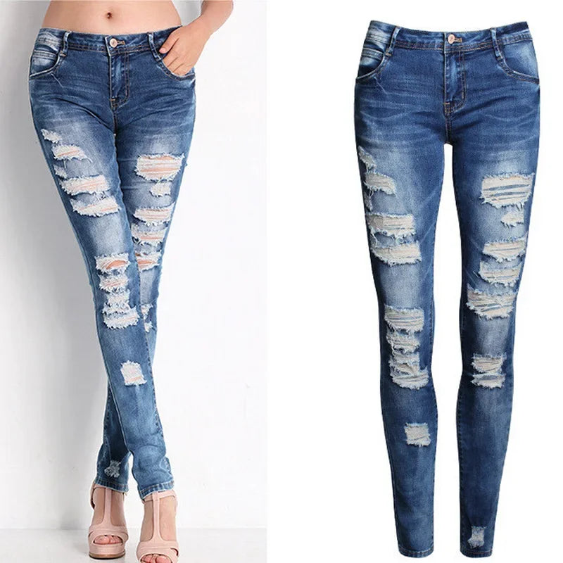 HOLE Denim Women 2025 High Waist Ripped Jeans for Women Skinny Black Pockets Jeans Woman Elastic Slim Jean Female Femme Pants