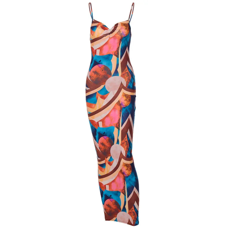 Tie Dye Print Ribbed Midi Dress For Women 2024 Summer Outfits Bodycon Side Slit Y2K Outfits Sexy Streetwear Long Dress