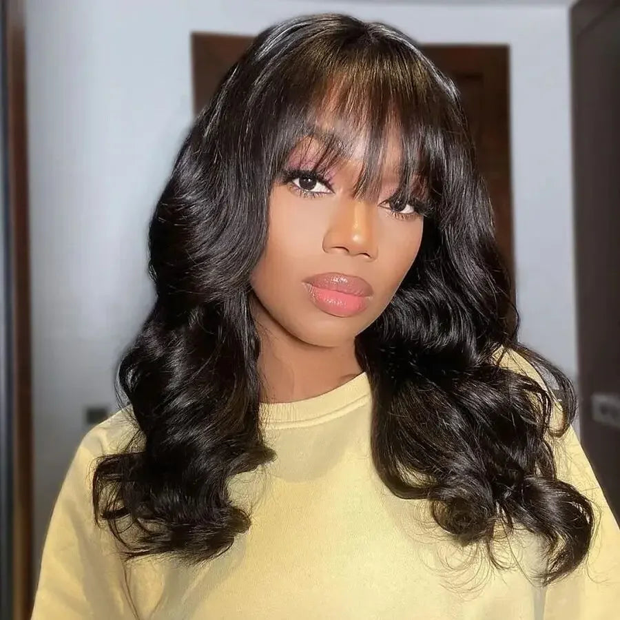 Body Wave Wig With Bangs Brazilian Human Hair Wig Sale Full Machine Made Fringe Glueless Wigs Ready To Wear 100% Original Hair
