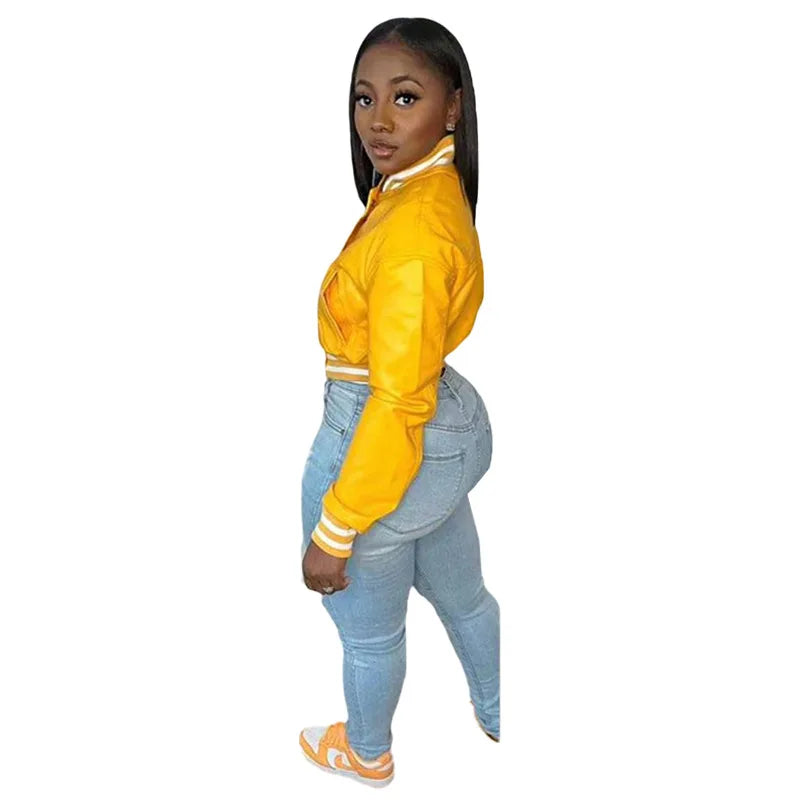 CM.YAYA Women Faux Leather Striped Side Baseball Single Breasted Jacket Winter Autumn INS Streetwear Active Outcoat