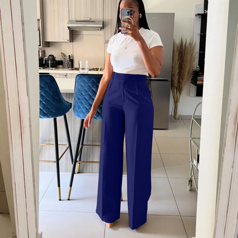 Autumn Casual High Waisted Pants Women Chic Fashion Solid Button Pocket Straight Leg Wide Leg Casual Pants Women