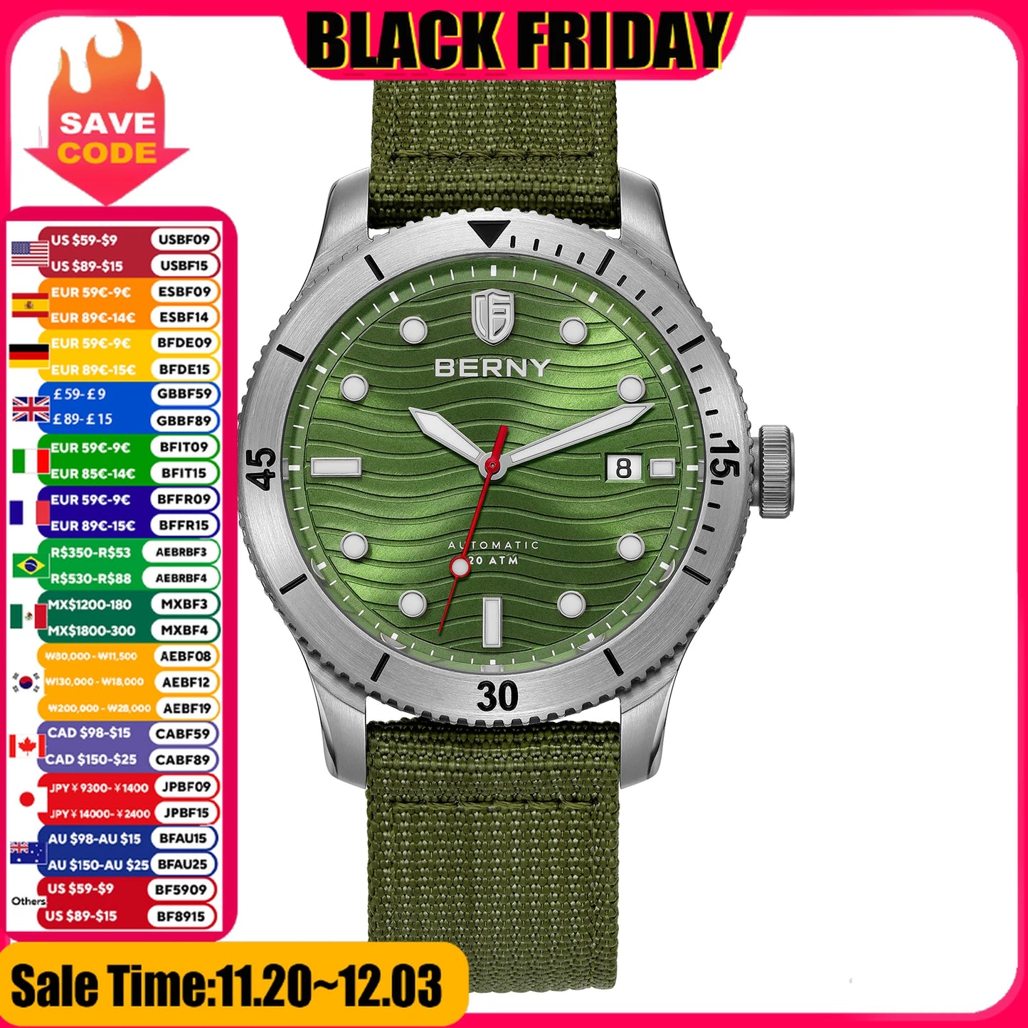 BERNY Top Automatic Diver Watch for Men PT5000 Movement 20ATM Waterproof Luminous Sapphire Lens Sport Swimming Diving Watch Men