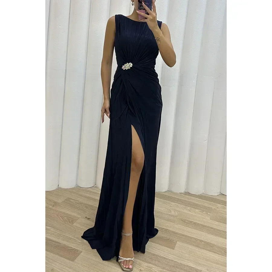 Women Sexy Dress New Sleeveless Solid Party Slim Empire Split Female Elegant Round Neck Fashion Long Clothing