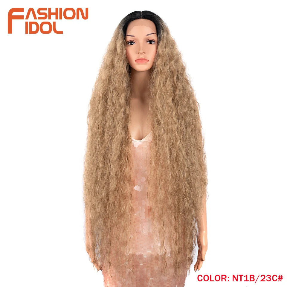 Synthetic Wigs Cosplay Loose Wave Hair Lace Front Wigs For Women Ombre Brown Water Wave 42 Inch Curly Hair Heat Resistant Wig