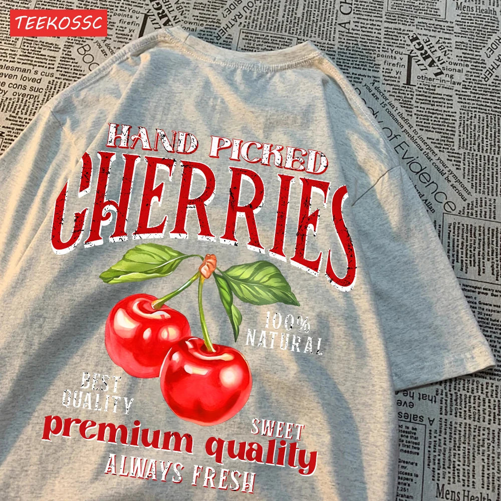 Summer Lemon Cherries Prints T-Shirts Cotton Women's Tops Oversize O-Neck Soft Short Sleeve tees Street Casual Womans Clothes