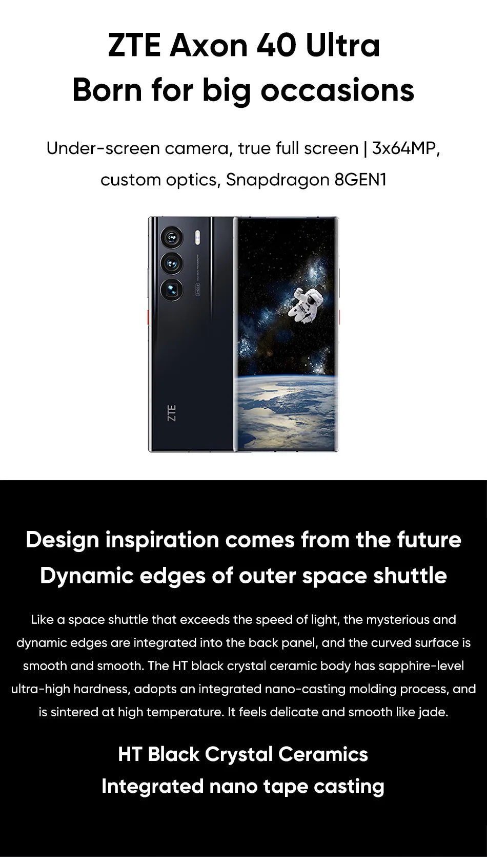 New ZTE Axon 40 Ultra Space Edition 5G Smartphone with UDC Tech Snapdragon 8 Gen 1 6.8" 120Hz AMOLED Display 5000mAh Battery