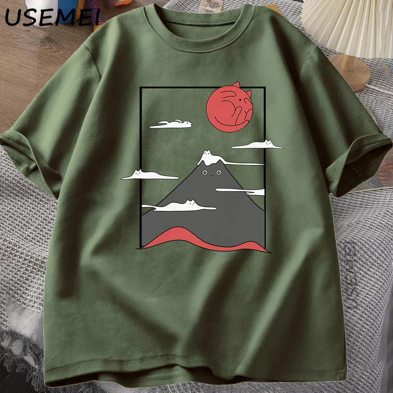 Funny Cat Graphic T Shirts Japanese Cat Graphic Tee Cotton Printed Short Sleeve Tees Men Women Harajuku Hight Qualty Clothes