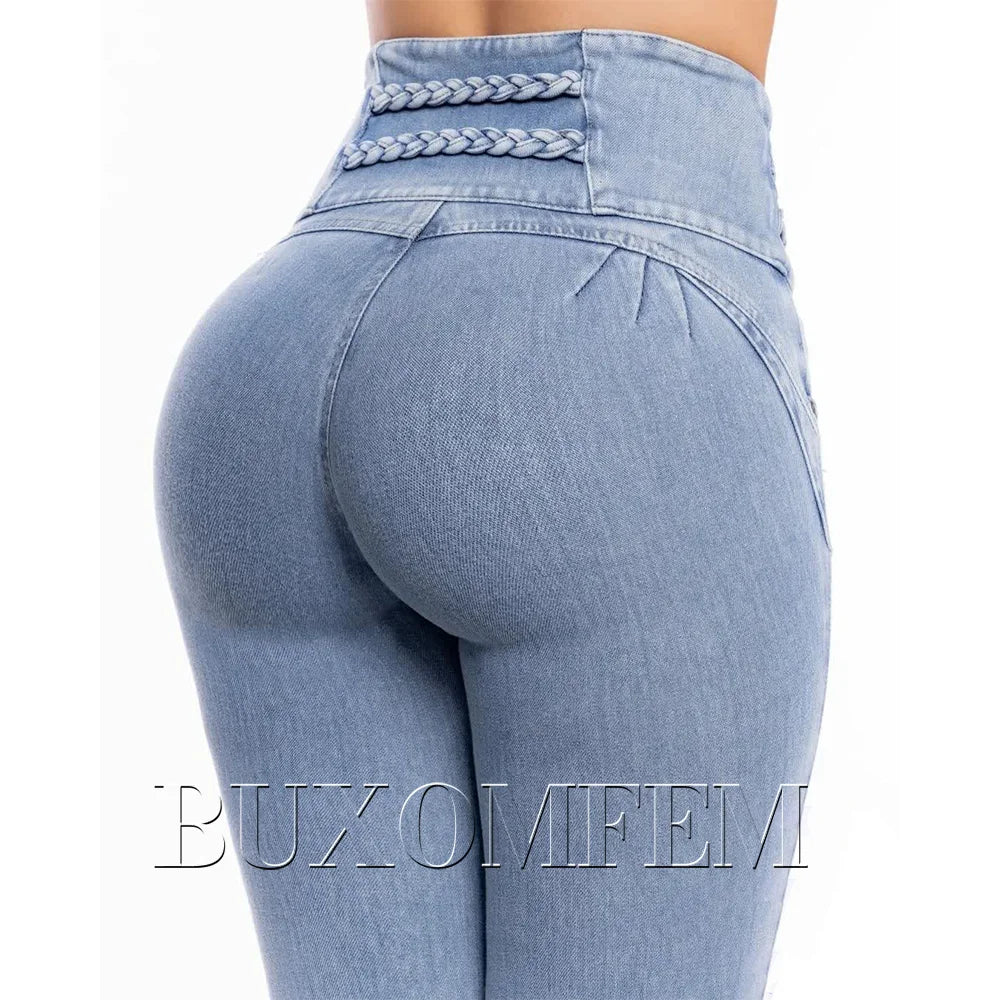 Fashion High Waist Sexy Skinny Stretch Jeans for Women Button Fly Straight Leg Pencil Pants Wrap Hips Trousers Y2K Streetwear