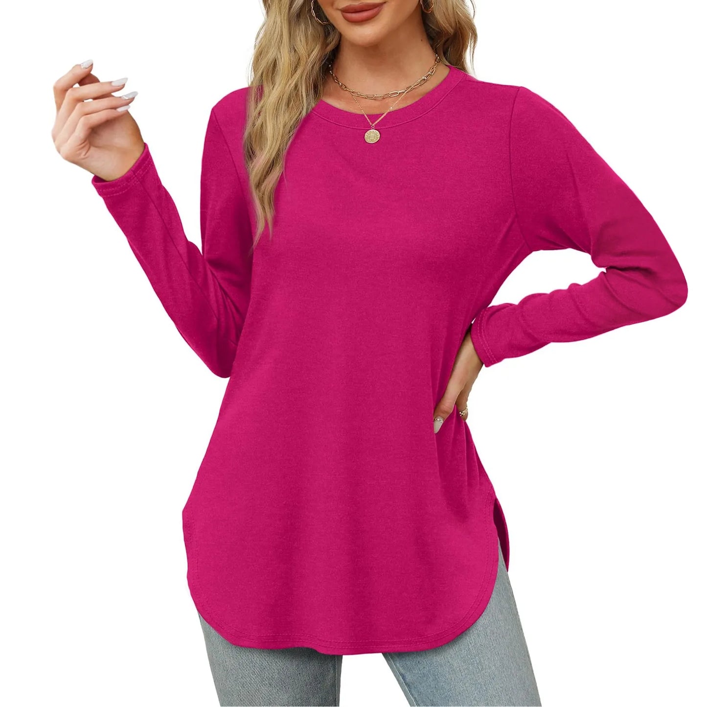 Traf 2024 Mujer Womens Long Sleeve Round Neck Shirts Side Split Basic Loose Tunic Tops Casual Shirts Ropa De Mujer Fashion
