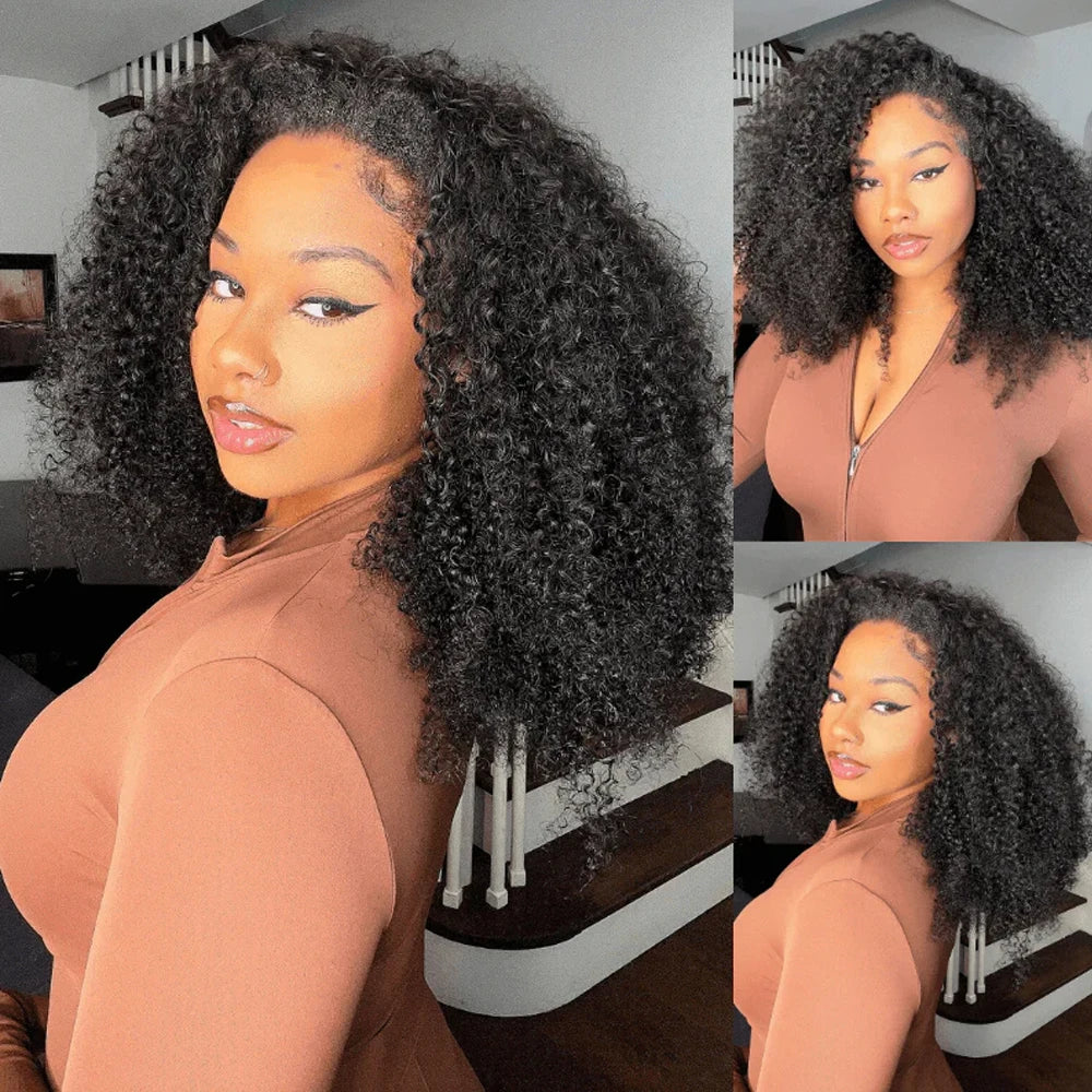Beginner Friendly 3 In 1 Half Wig Human Hair Kinky Curly Coily Half Wig Invisible Drawstring Glueless Curly Flip Over Wig 180%