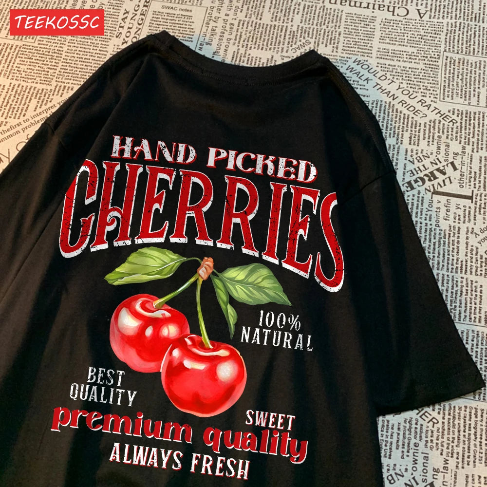 Summer Lemon Cherries Prints T-Shirts Cotton Women's Tops Oversize O-Neck Soft Short Sleeve tees Street Casual Womans Clothes