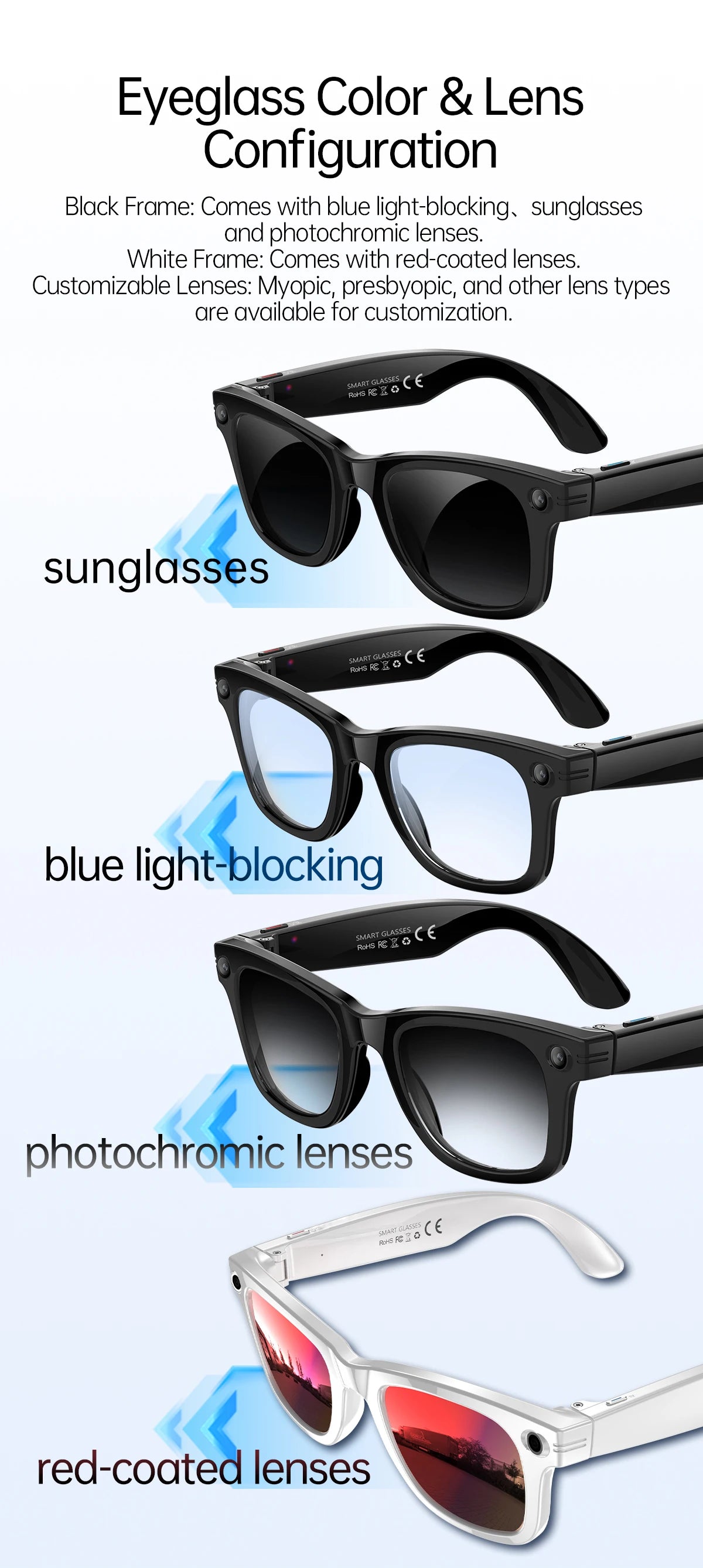 AI Smart Glasses 5 Million Pixels Recording Videos Photo Recognition Answer Translation 290mAh IP66 Waterproof Bluetooth Glasses