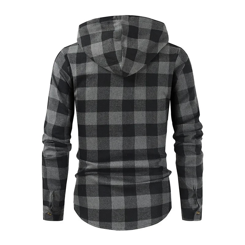 Men's New Plaid Hooded Sweater Long Sleeve Casual Thin Jacket Stand Hooded Shirt European Style Fashionable Outwear