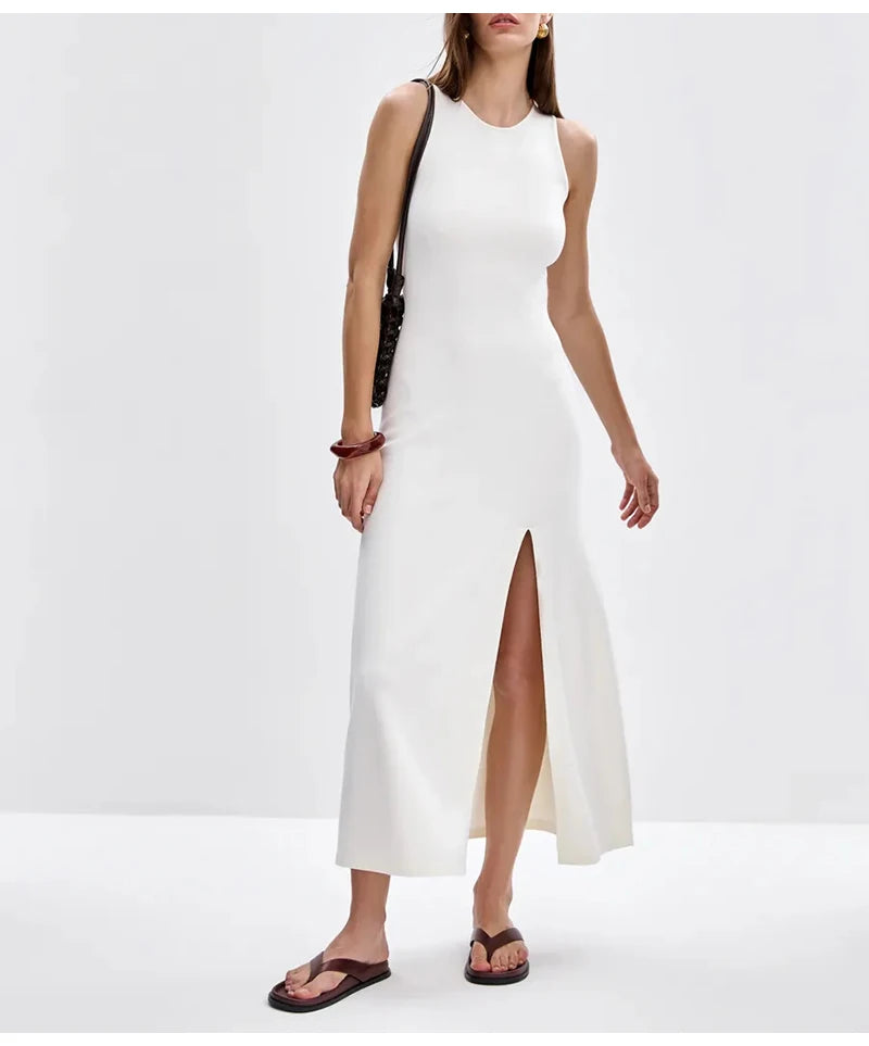 Knit Sleeveless Dresses For Women Long Elegant White High Slit Dress Bodycon Ladies Office Skinny Maxi Tank Rib Dress Female