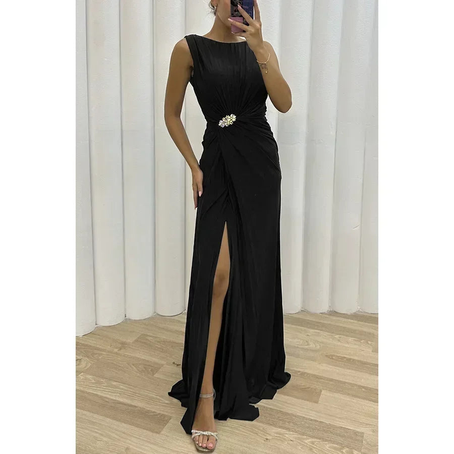 Women Sexy Dress New Sleeveless Solid Party Slim Empire Split Female Elegant Round Neck Fashion Long Clothing