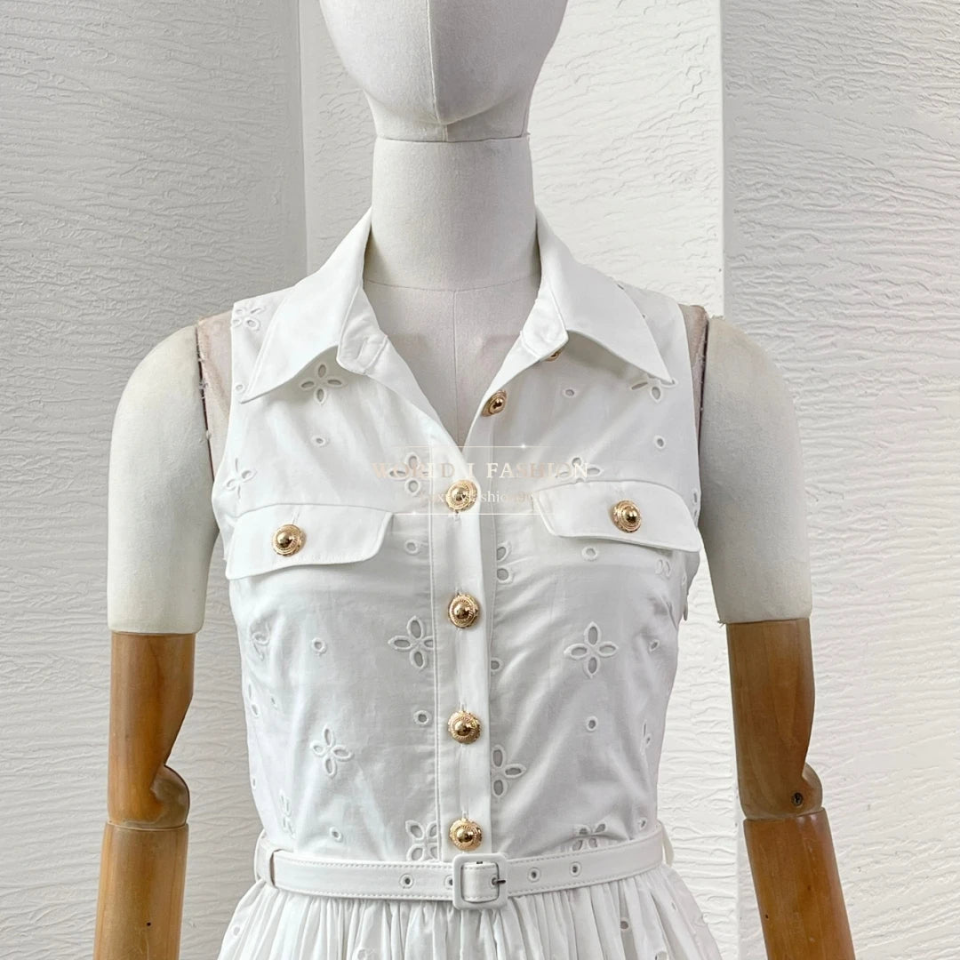 White Sleeveless Embroidery Midi Dress 2025 Top Quality
