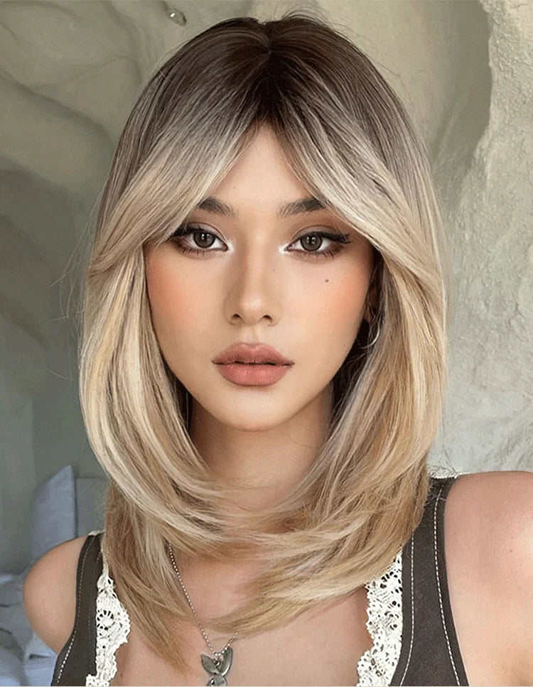 Synthetic Wig Hair Highlight Ash Blonde Straight Bob For Woman Lace Front Wig Bang Brazilian Hair Short Bob Wig