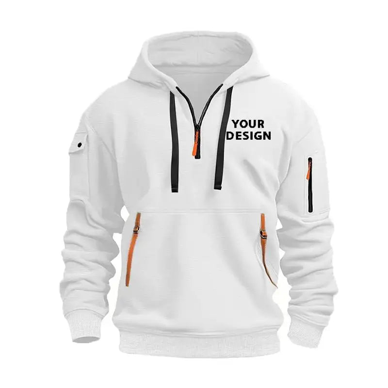 European New Men's Sports Zipper Arm Pocket Loose Casual Sweatshirt Customize Your Logo Dropped Shoulder Hooded Jacket Pullover