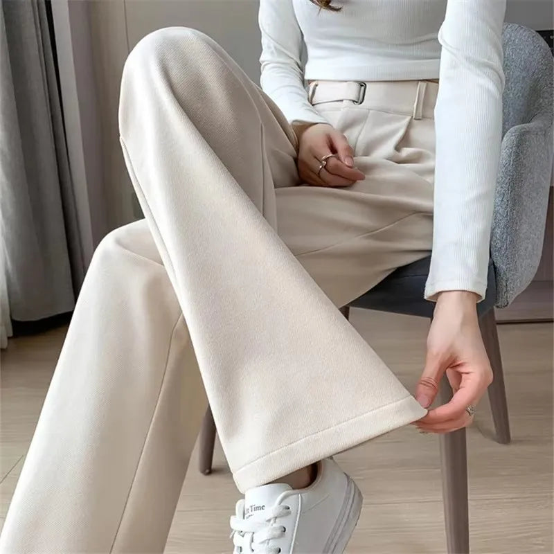 Women's straight leg pants, loose casual wide leg pants, women's adjustable elastic waistband, floor length suit pants