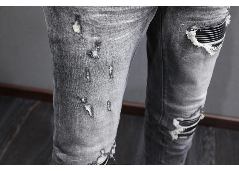 Designer Fashion New High Quality Black Grey Jeans Elastic Slimming Perforated Patch Washed Jeans High Street Hip Hop Brand Pant