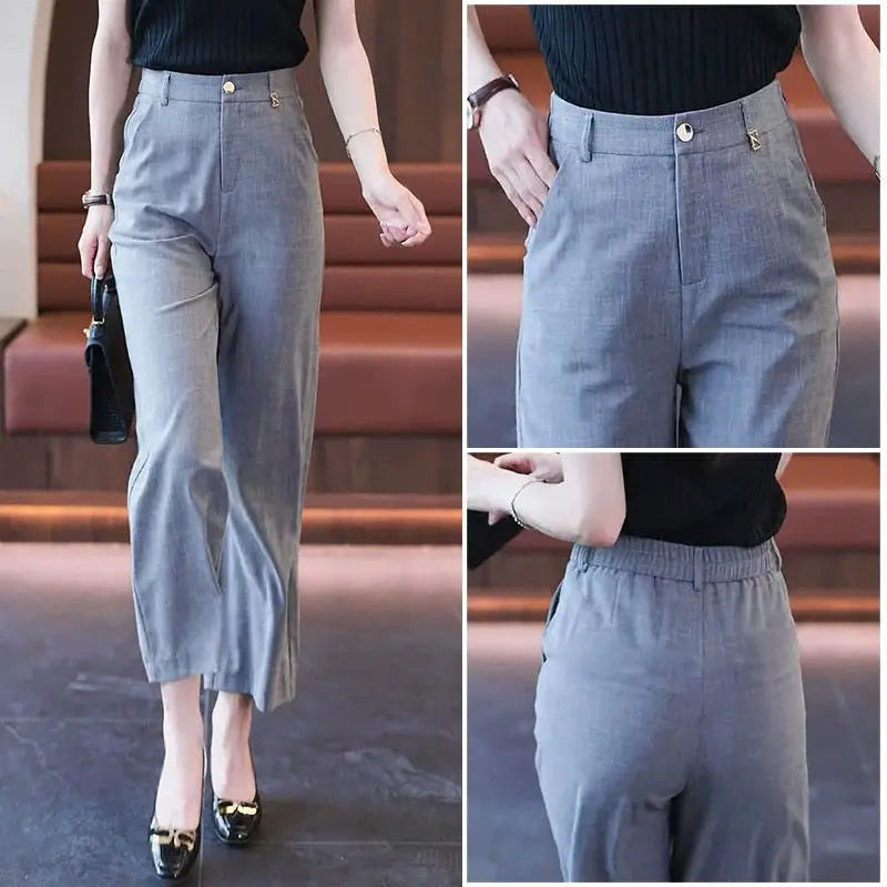 Nine-point Wide-leg Pants for Women in Summer Thin New High-waist Drooping Ice Silk Suit Women's Slim Straight Pants
