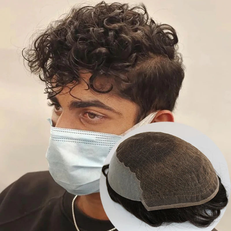 Q6 Swiss Lace Front&Pu Natural Hairline 1B40 1B65 Gray Black Men Toupee 24mm Curly Male Wigs Ash Blonde Human Hair Prosthesi