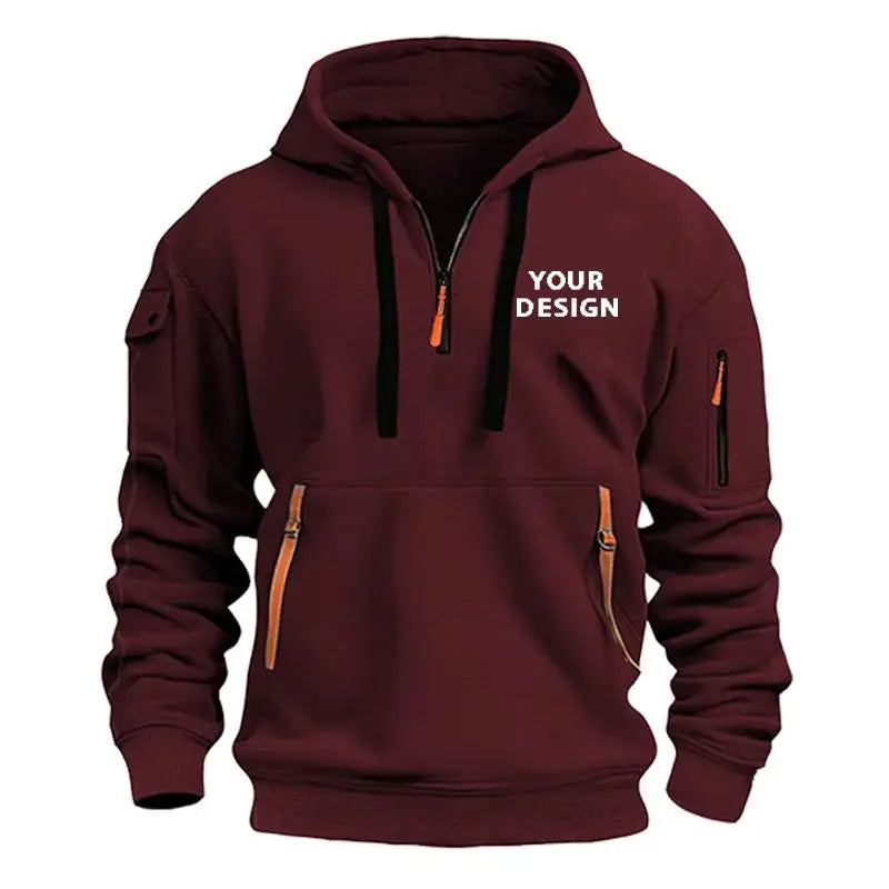 European New Men's Sports Zipper Arm Pocket Loose Casual Sweatshirt Customize Your Logo Dropped Shoulder Hooded Jacket Pullover