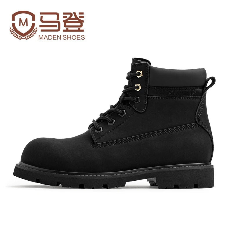 Maden Men's Versatile Black Boots Plush Lining Warmth Shoes Retro Non-Slip Thick Sole Work Boots Outdoor Casual Mid-Calf Boots