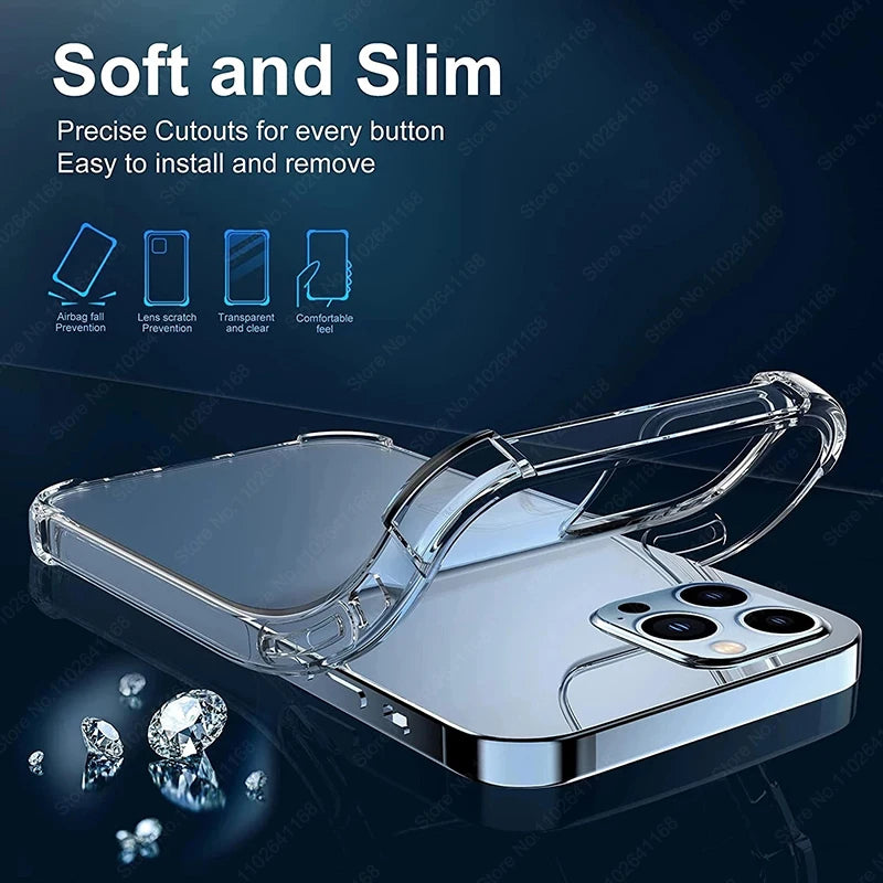 Luxury Shockproof Clear Phone Cases For iPhone 16 15 14 13 12 11 Pro Max 8 Plus XR XS Max Silicone Bumper Transparent Back Cover
