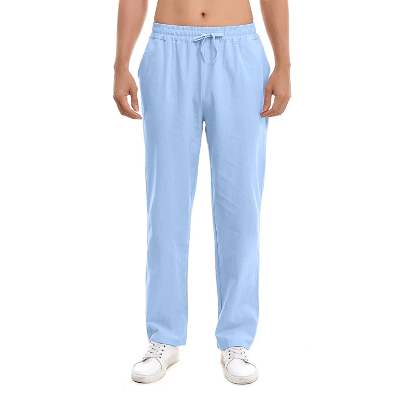 New Men's Cotton Pants Summer Breathable Trousers Solid Color Sweatpants Loose Fitness Lightweight Streetwear