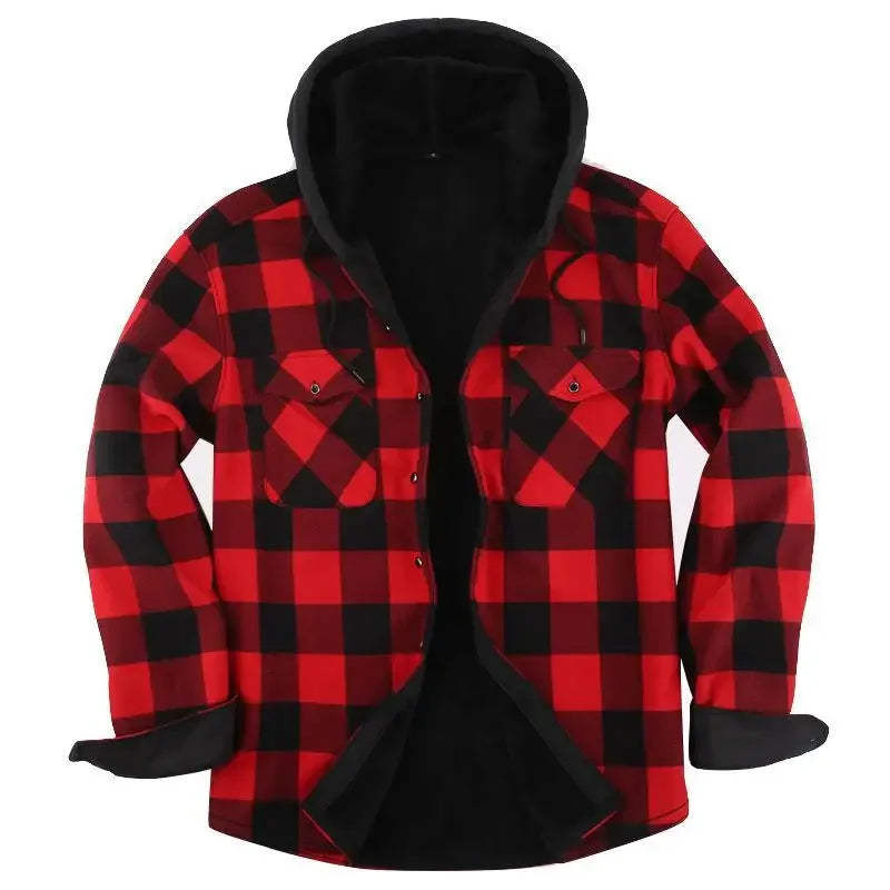 Plus Size Men's Hooded Plaid Shirt Warm Fleece Lined And Thickened Top Long Sleeve Outerwear For Autumn/Winter