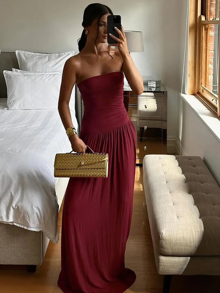 Mozision Off-shoulder Strapless Pleated Sexy Maxi Dress Women Fashion Backless Sleeveless High Waist Ruched Long Dress Elegant