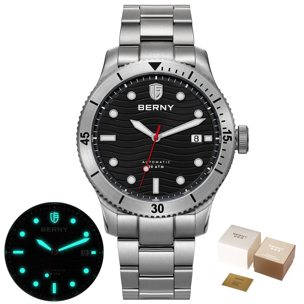 BERNY Top Automatic Diver Watch for Men PT5000 Movement 20ATM Waterproof Luminous Sapphire Lens Sport Swimming Diving Watch Men
