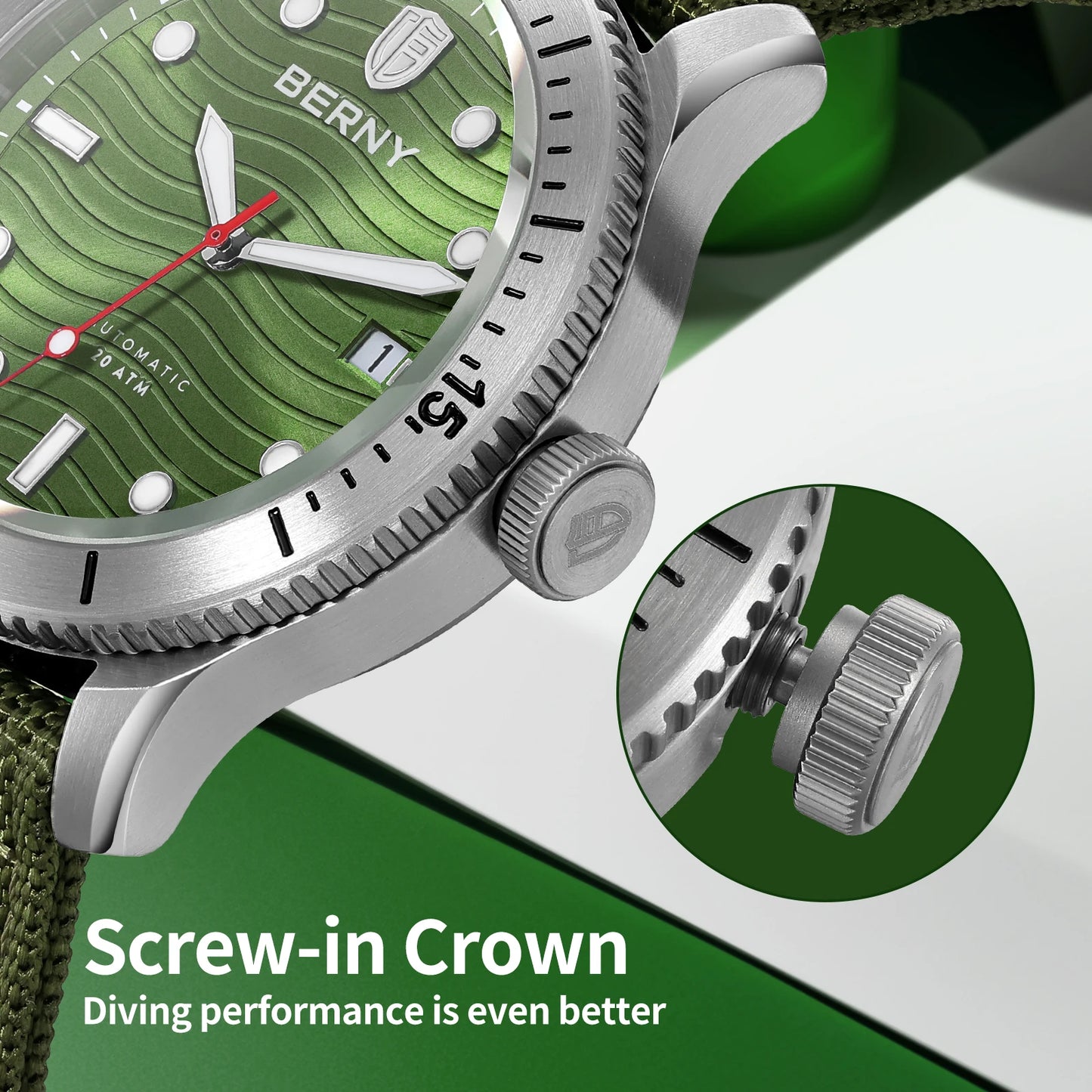 BERNY Top Automatic Diver Watch for Men PT5000 Movement 20ATM Waterproof Luminous Sapphire Lens Sport Swimming Diving Watch Men