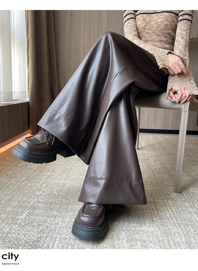 High Waist Wide Leg PU Leather Pants Women's Suit Casual Floor Length Trousers Autumn Winter New Style Loose Fit Long Pants