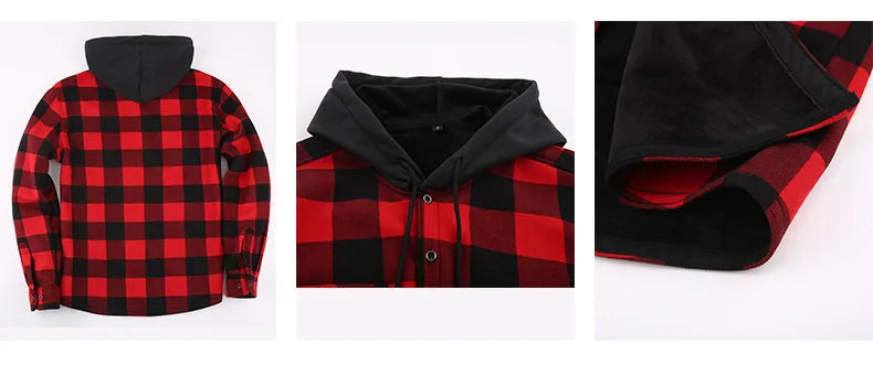 Fashion korean popular clothes winter Adding velvet and thickening long-sleeve shirts for men casual Hooded jacket plaid tops