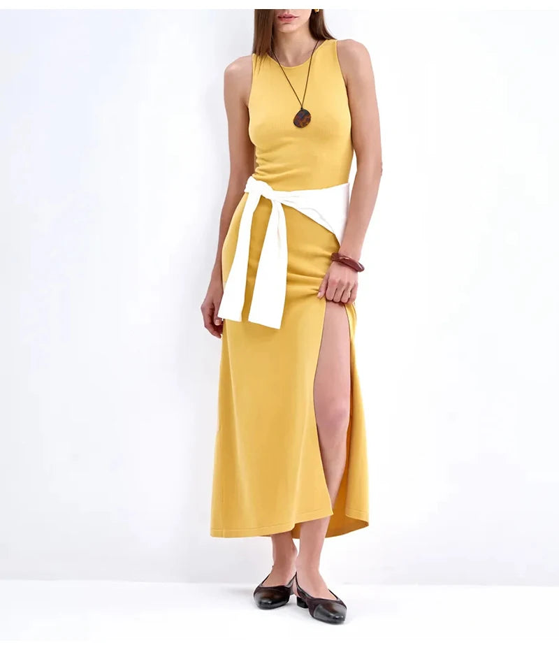 Knit Sleeveless Dresses For Women Long Elegant White High Slit Dress Bodycon Ladies Office Skinny Maxi Tank Rib Dress Female
