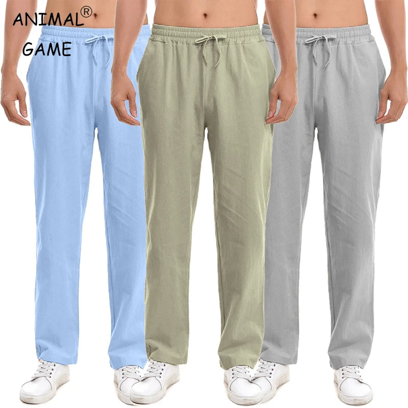 New Men's Cotton Pants Summer Breathable Trousers Solid Color Sweatpants Loose Fitness Lightweight Streetwear