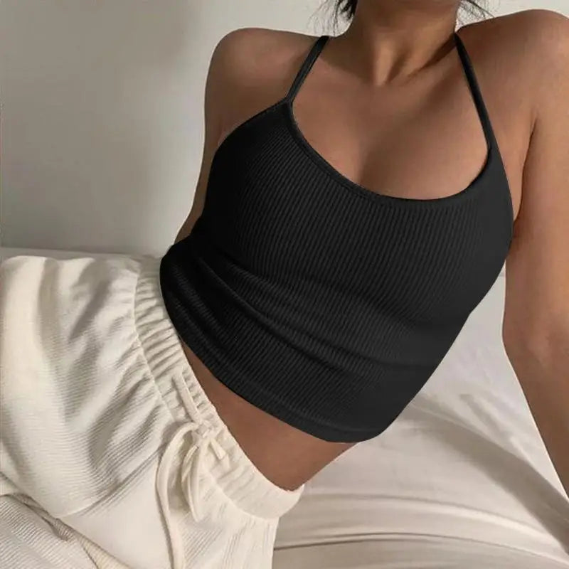 Knitted 94% Cotton Tank Tops Women Black White Sexy Low-Cut Back Cross Crop Tops For Women Streetwear Slimming Sports Vest