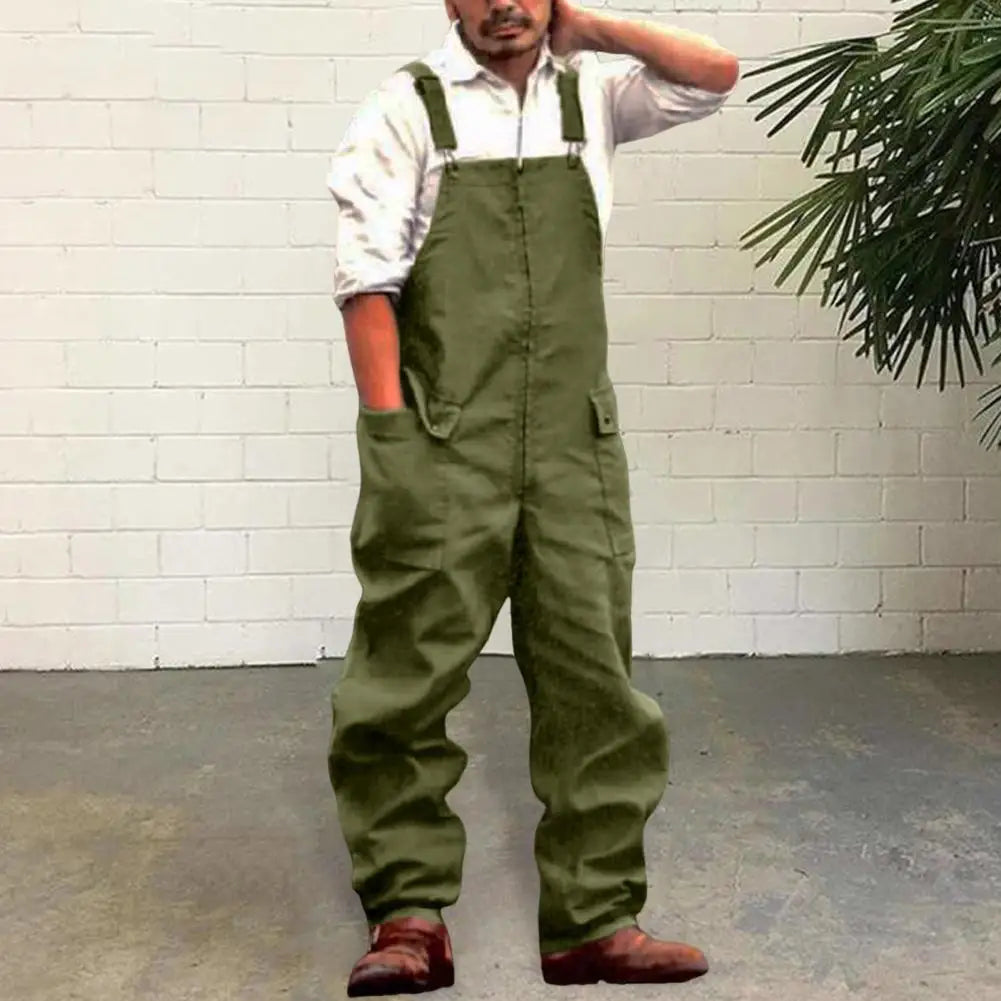 Men Denim Jumpsuit Casual Retro Style Loose Fit Overalls With Large Pockets Thick Fabric Cargo Plus Size Streetwear Jumpsuit