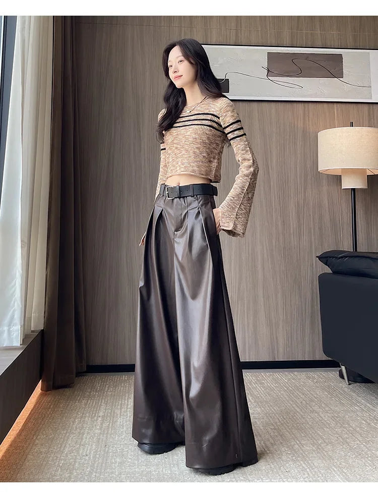 High Waist Wide Leg PU Leather Pants Women's Suit Casual Floor Length Trousers Autumn Winter New Style Loose Fit Long Pants