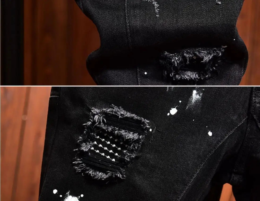 Fashion Trendy Slim Denim Jeans Men Distressed Ripped Holes Patches Spring Autumn Casual Design Korean Luxury Clothing Trousers