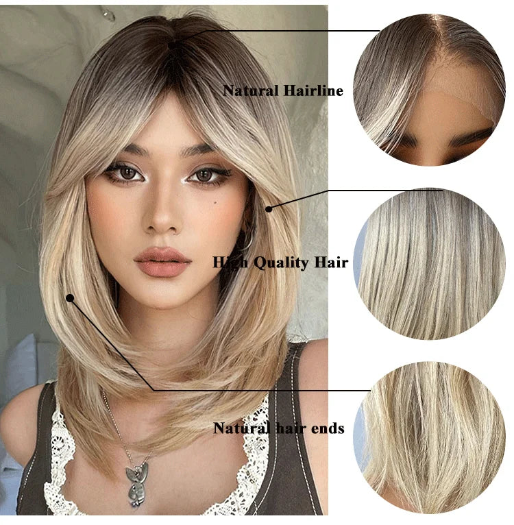 Synthetic Wig Hair Highlight Ash Blonde Straight Bob For Woman Lace Front Wig Bang Brazilian Hair Short Bob Wig