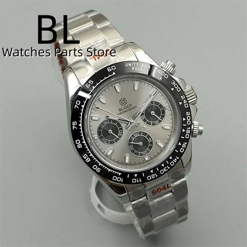 BLIGER/Sterile Gray Dial Chronograph VK63 Quartz Men's Watch 39mm Sapphire Case Black Bezel Luminous Stanless Steel/Rubber Strap