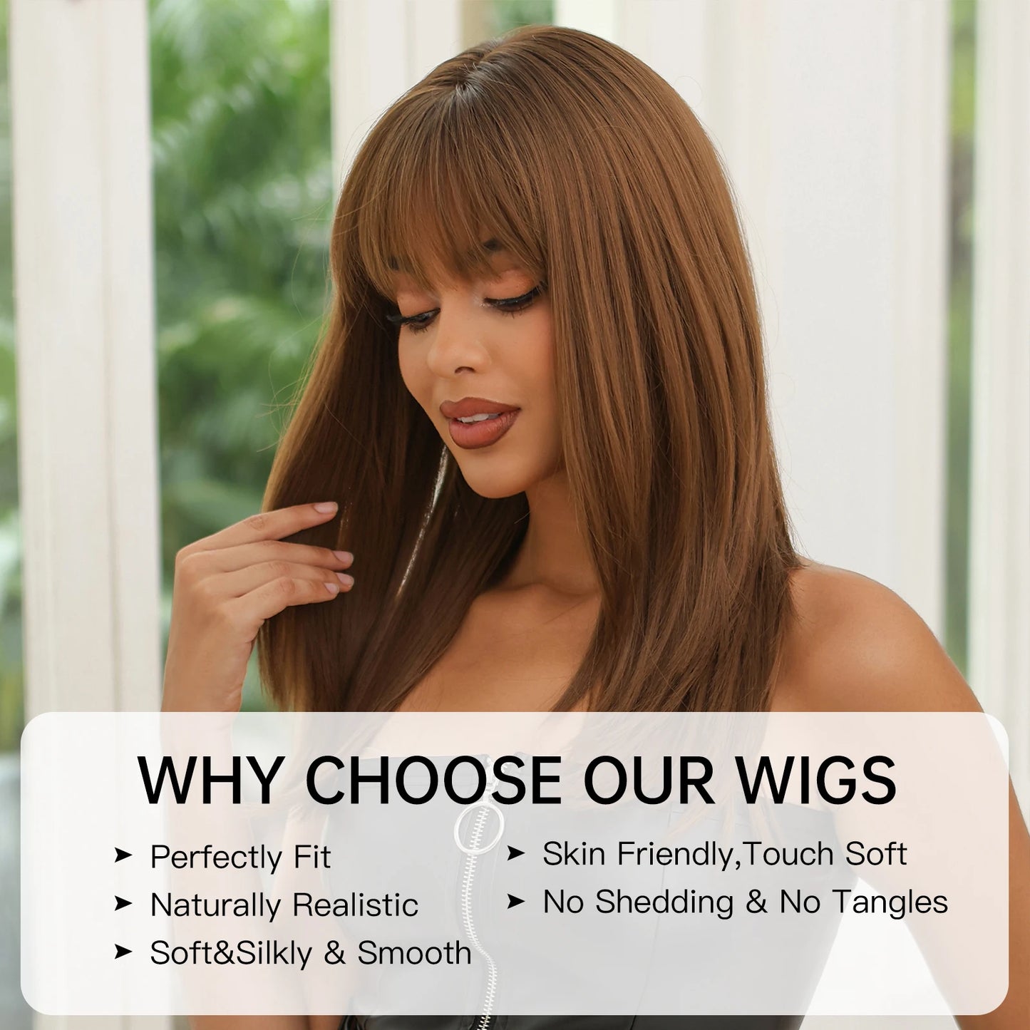 Light Brown Synthetic Wigs with Bangs Straight Shoulder Length Chocolate Brown Wig for Black White Women Heat Resistant Daily