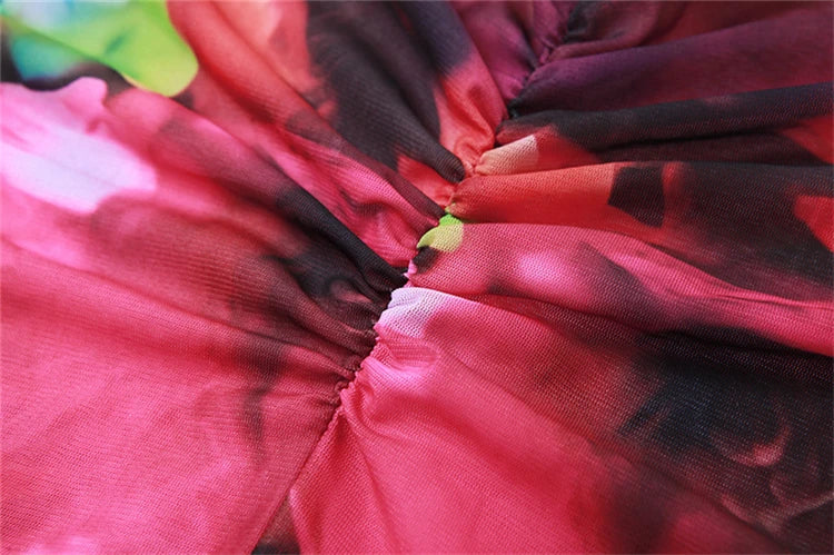 kliou Summer Women Mid-Calf Streetwear Mesh Dress K23D33078 Girl Mul-ti color Print Halter Backless Vestido Slim Shirring Robe