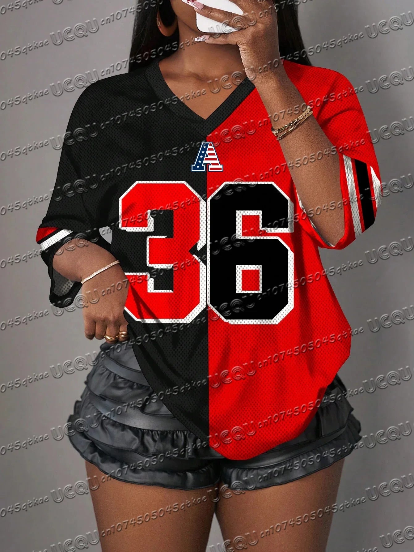 Summer Mesh Contrasting Color Jersey T-Shirt V-Neck Loose Sexy Streetwear American Fashion Casual Travel Tee Womens Y2k Top