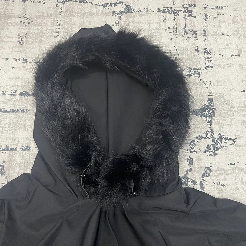 Men Women Oversized Poster Style Black Fur Collar Vultures YZY Kanye Hoodie Top Quality Nylon Nylon Woven Windproof Pullover