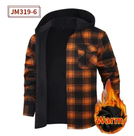 Fashion korean popular clothes winter Adding velvet and thickening long-sleeve shirts for men casual Hooded jacket plaid tops