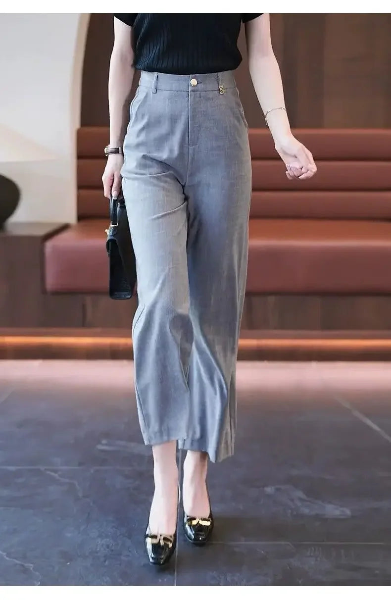 Nine-point Wide-leg Pants for Women in Summer Thin New High-waist Drooping Ice Silk Suit Women's Slim Straight Pants